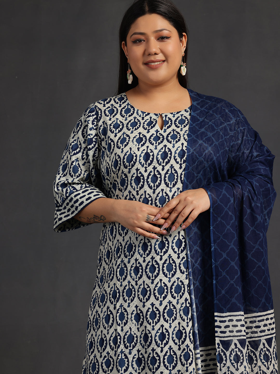 Plus Size Blue Printed Cotton Straight Suit With Dupatta