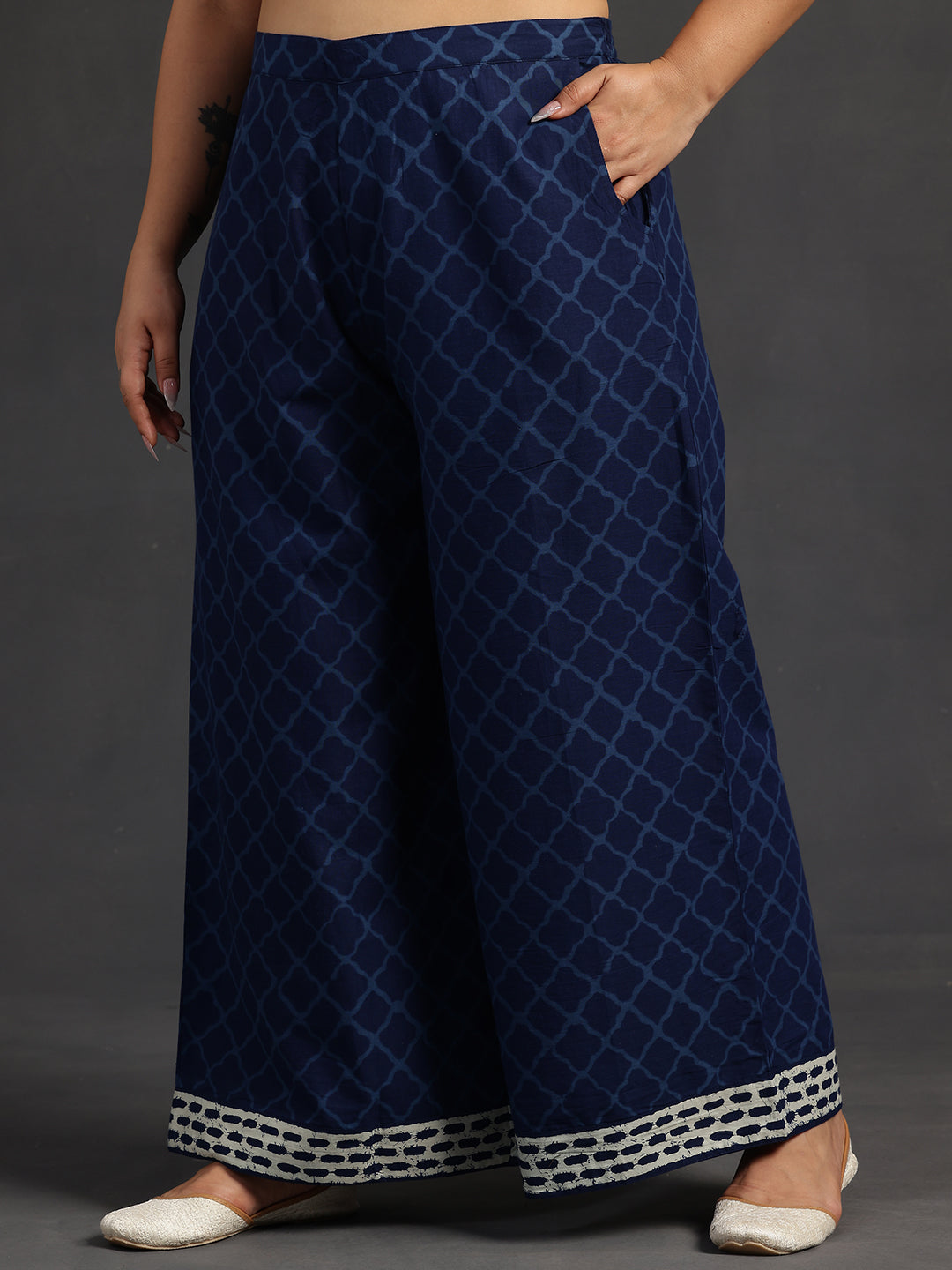 Plus Size Blue Printed Cotton Straight Suit With Dupatta