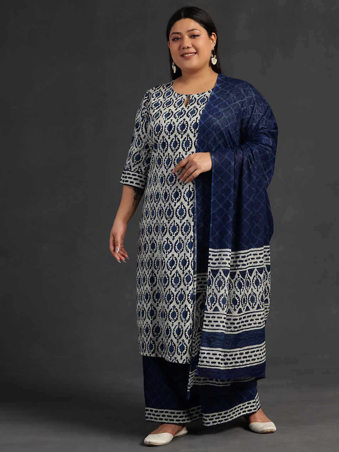 Plus Size Blue Printed Cotton Straight Suit With Dupatta