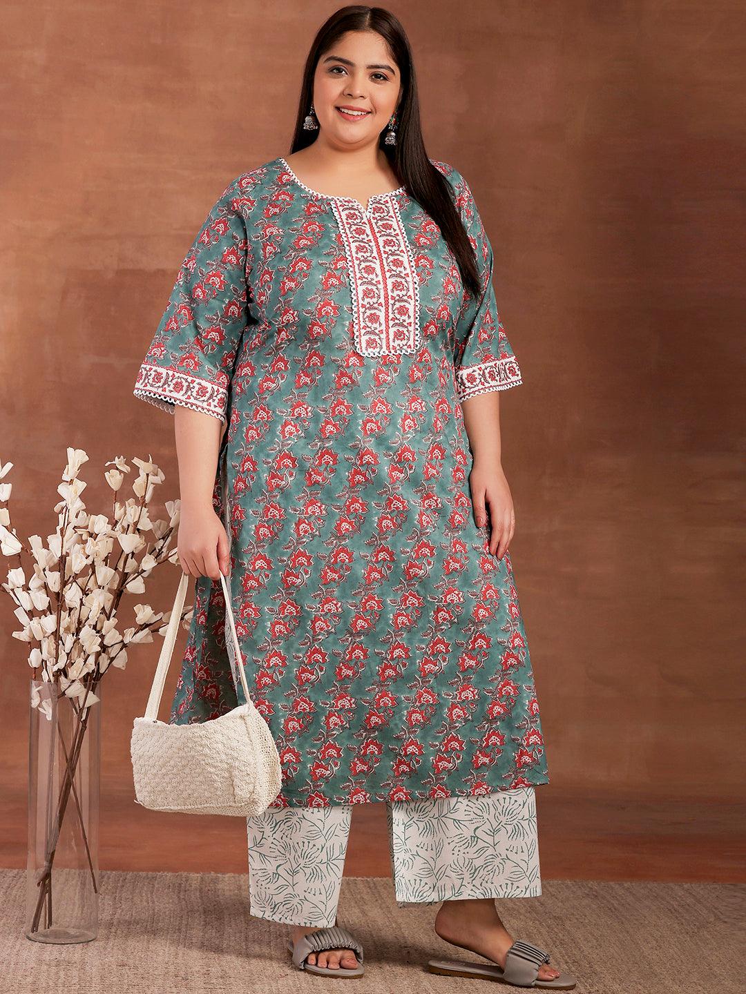 Plus Size Green Printed Cotton Straight Kurta With Palazzos