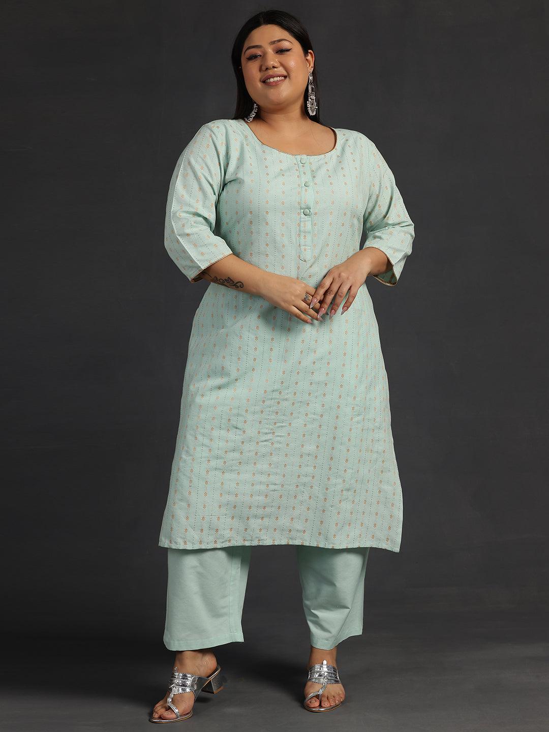 Plus Size Green Self Design Cotton Straight Kurta Set