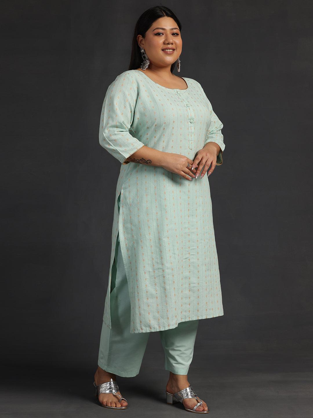 Plus Size Green Self Design Cotton Straight Kurta Set