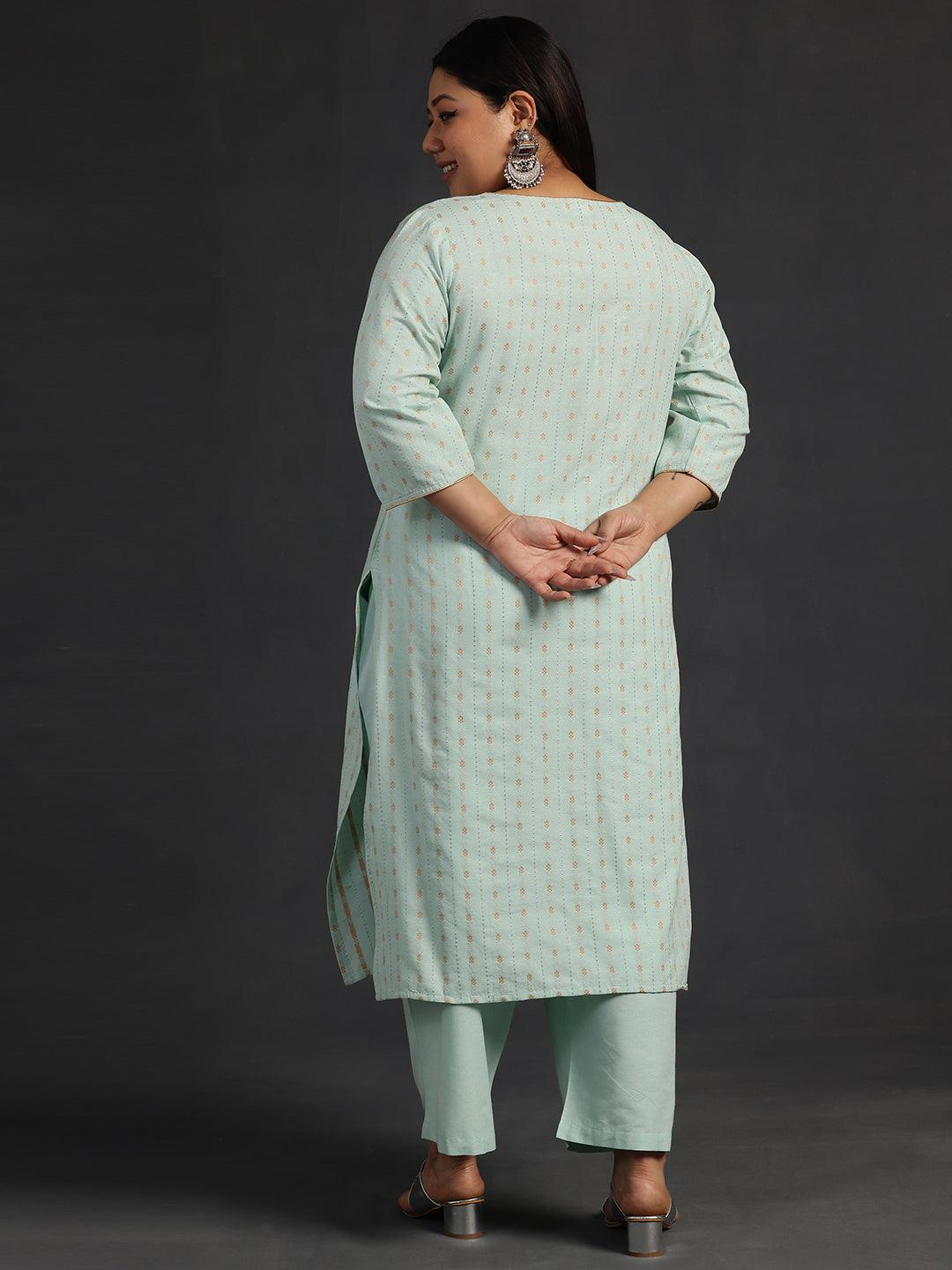 Plus Size Green Self Design Cotton Straight Kurta Set