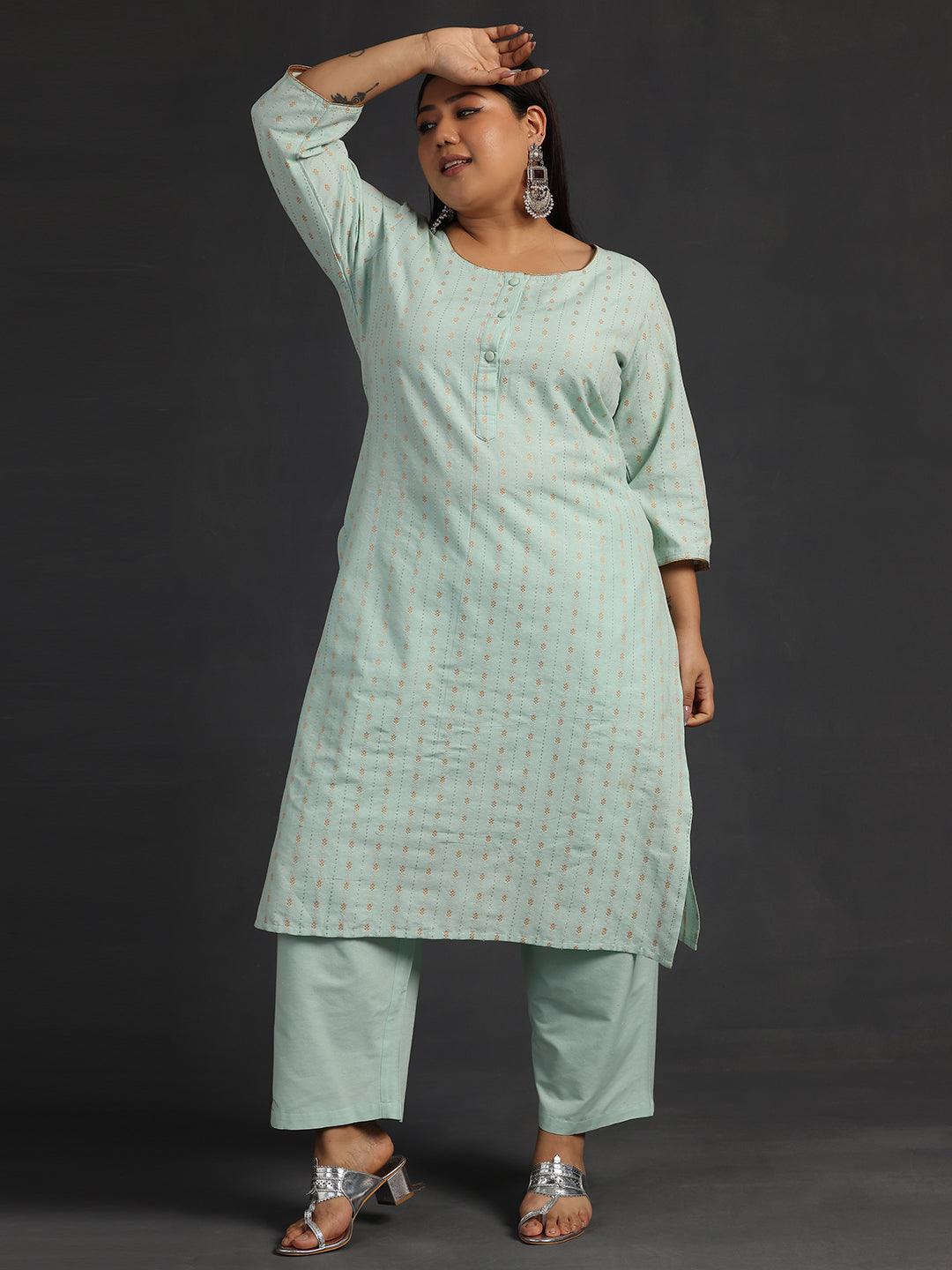 Plus Size Green Self Design Cotton Straight Kurta Set