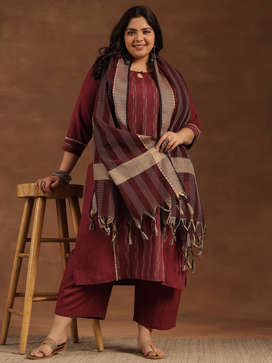 Plus Size Maroon Self Design Cotton Blend Straight Suit With Dupatta