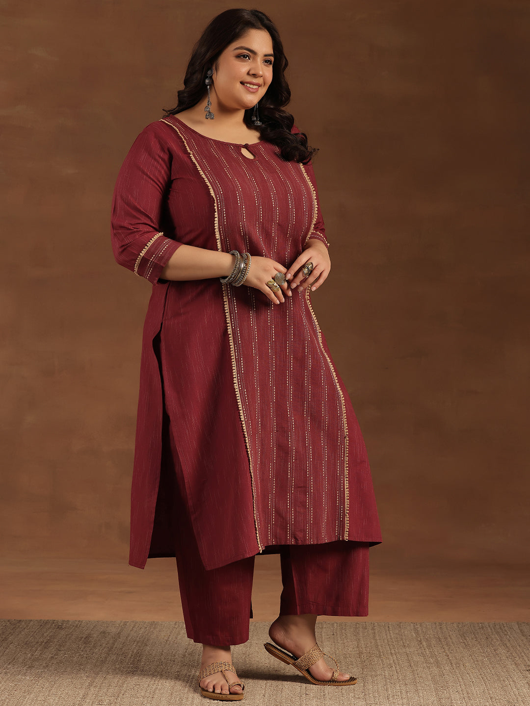 Plus Size Maroon Self Design Cotton Blend Straight Suit With Dupatta