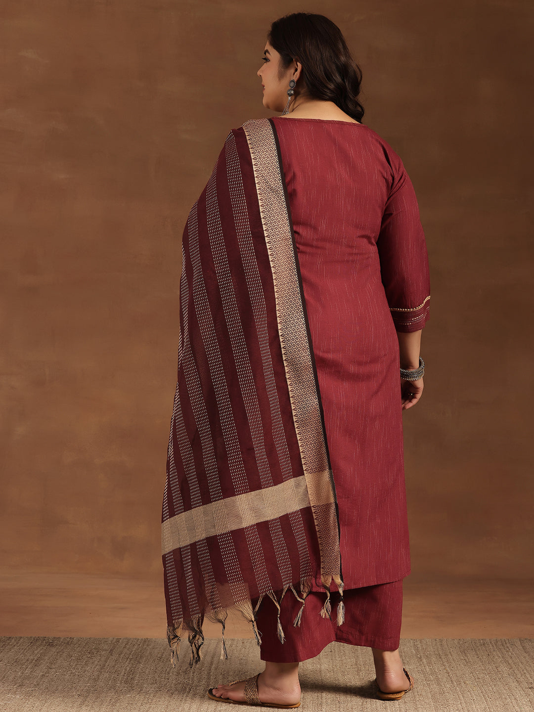 Plus Size Maroon Self Design Cotton Blend Straight Suit With Dupatta