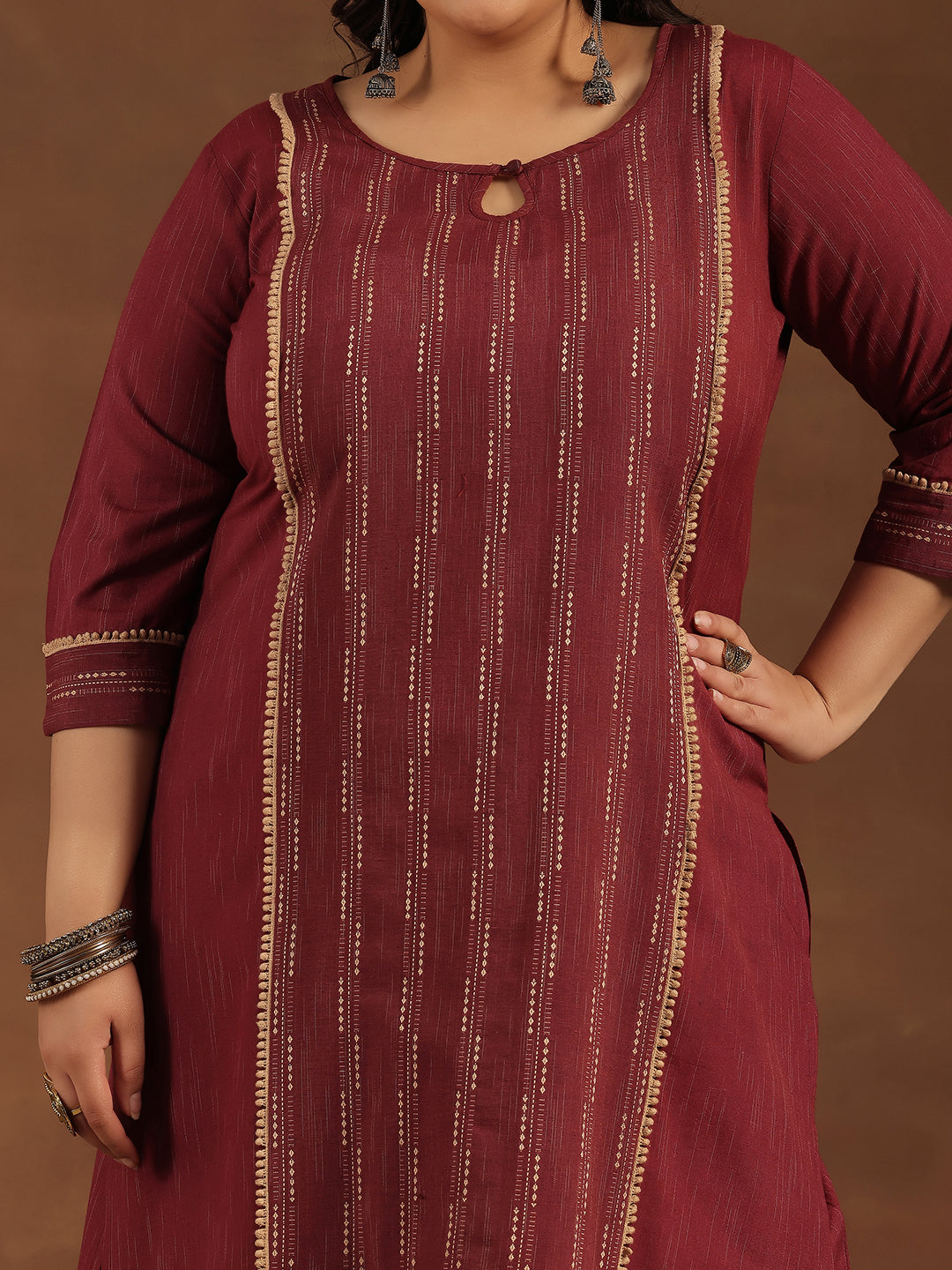 Plus Size Maroon Self Design Cotton Blend Straight Suit With Dupatta