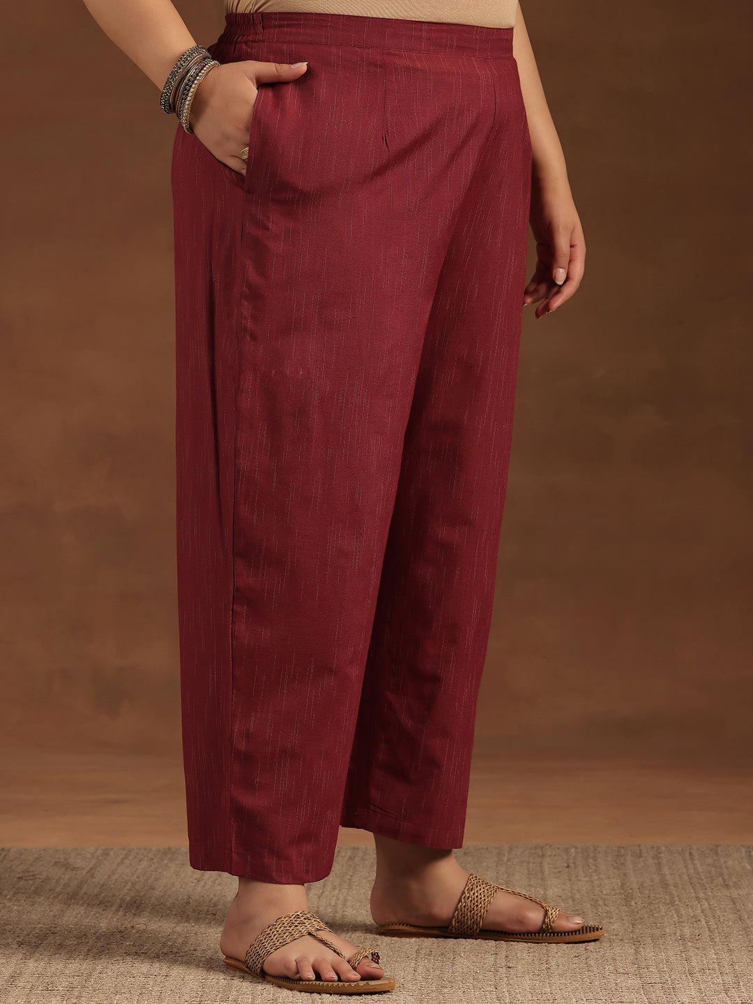 Plus Size Maroon Self Design Cotton Blend Straight Suit With Dupatta