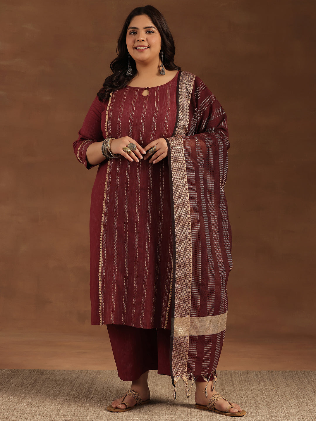 Plus Size Maroon Self Design Cotton Blend Straight Suit With Dupatta