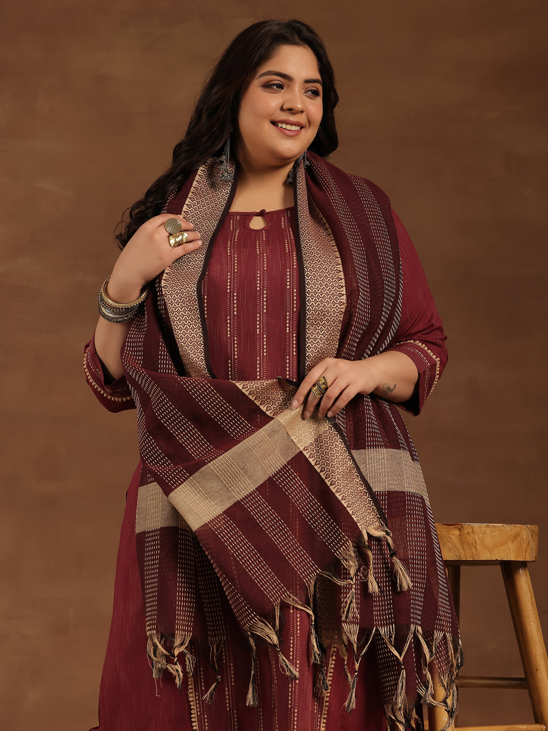 Plus Size Maroon Self Design Cotton Blend Straight Suit With Dupatta