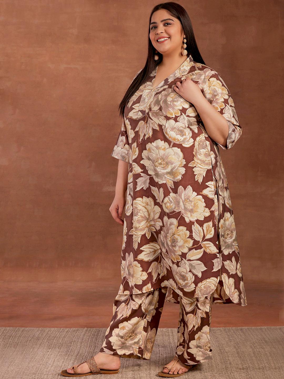 Plus Size Brown Printed Silk Blend Co-Ords