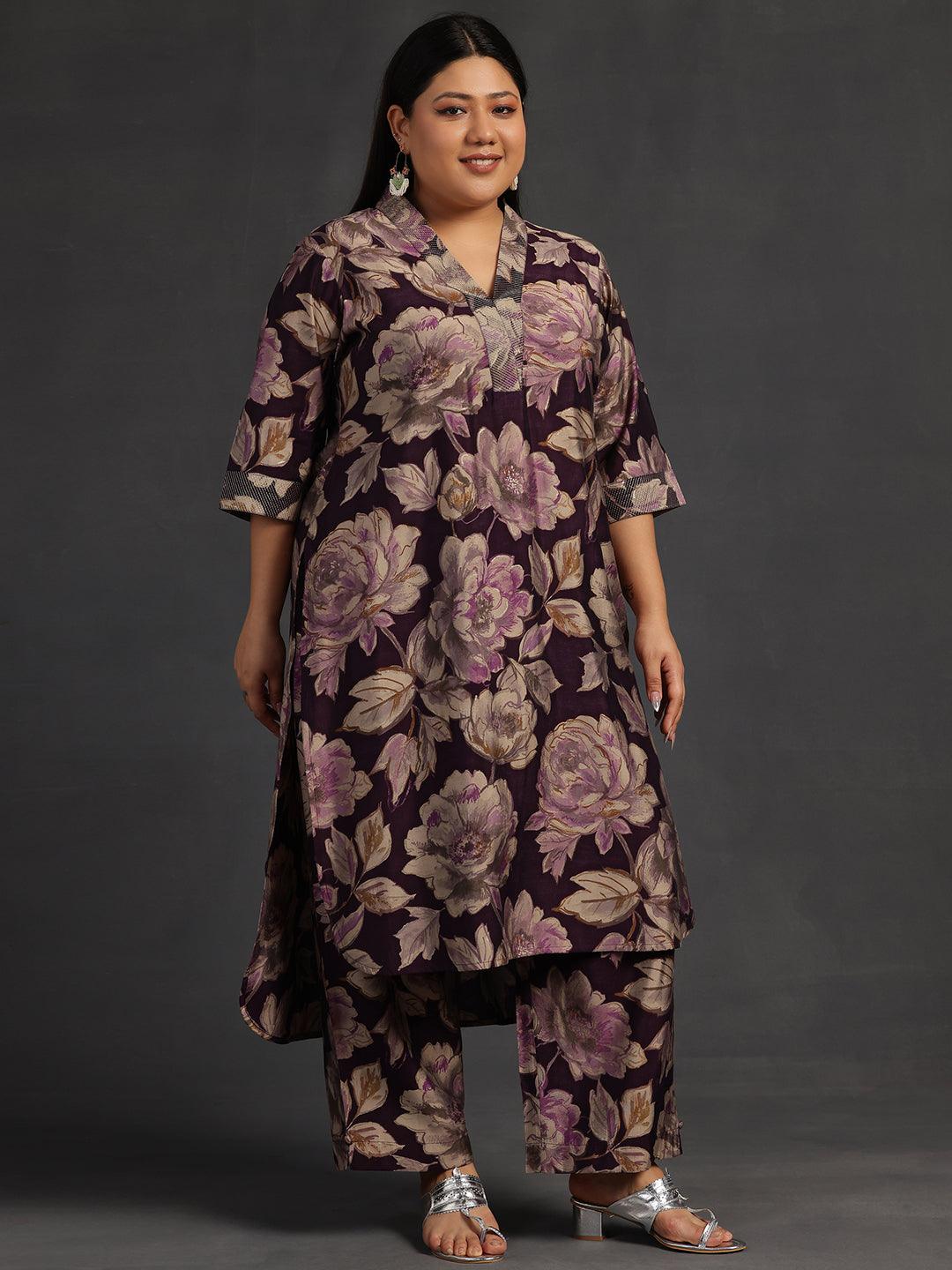 Plus Size Purple Printed Silk Blend Co-Ords