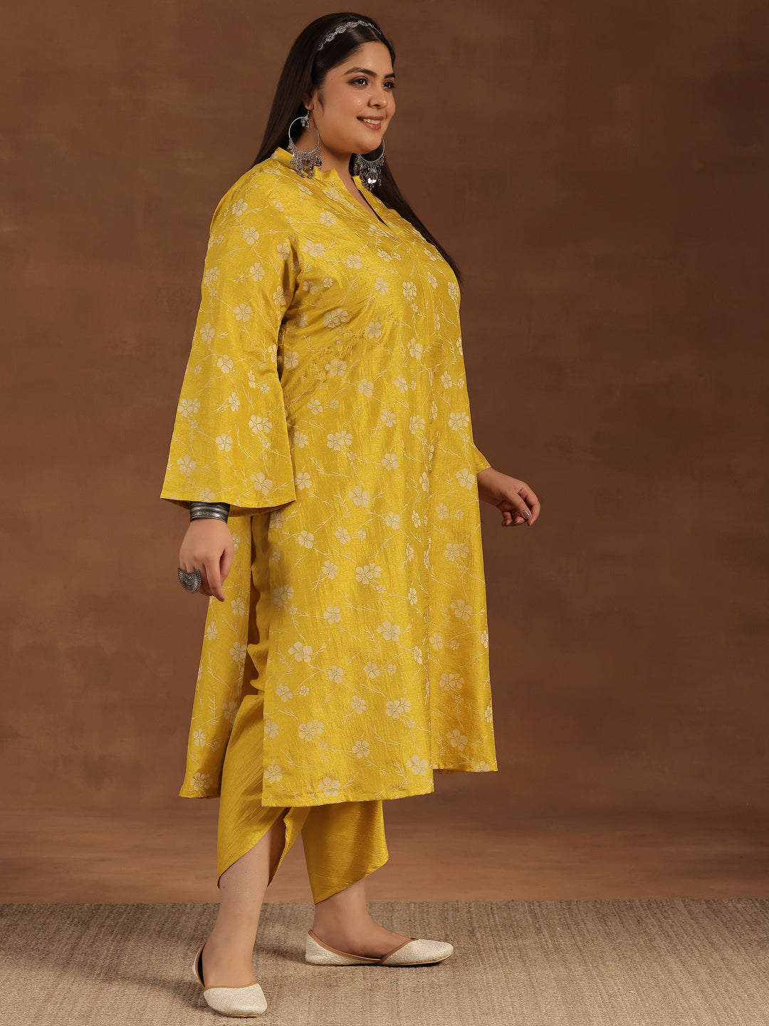 Plus Size Mustard Printed Silk Blend Straight Kurta Set