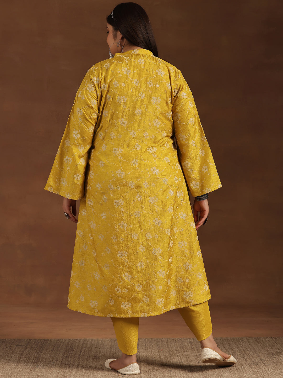 Plus Size Mustard Printed Silk Blend Straight Kurta Set