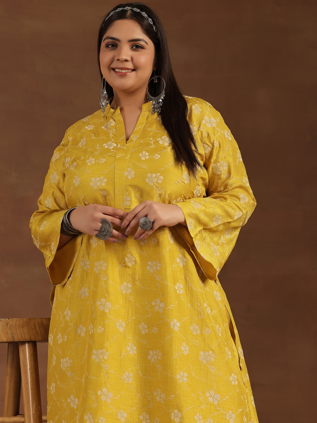 Plus Size Mustard Printed Silk Blend Straight Kurta Set