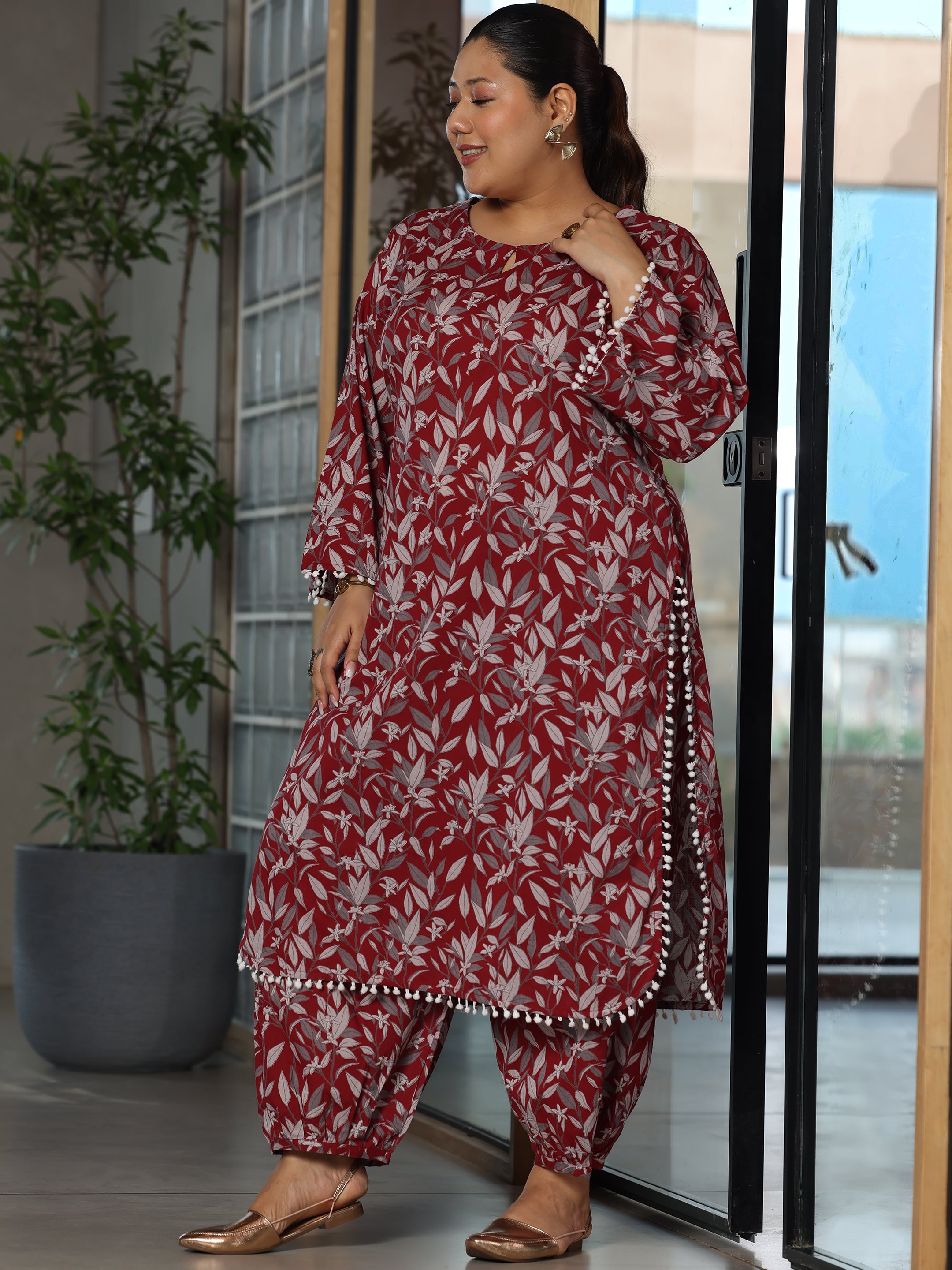 Plus Size Rust Printed Cotton Straight Kurta Set