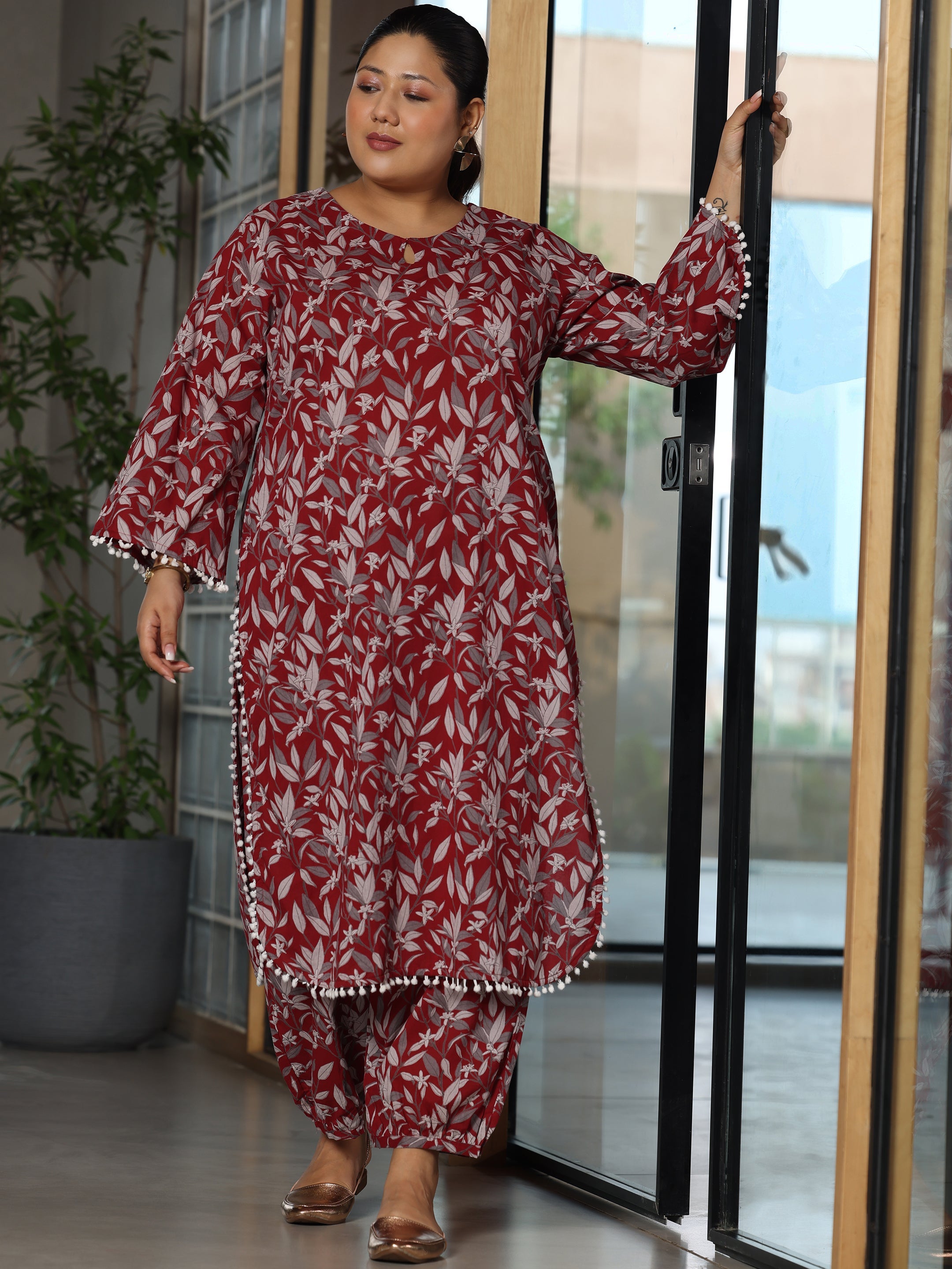 Plus Size Rust Printed Cotton Straight Kurta Set