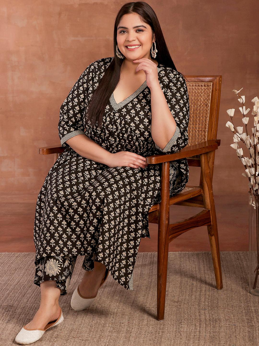 Plus Size Black Printed Cotton A-Line Kurta With Palazzos