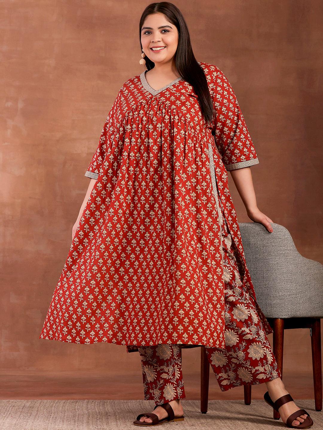 Plus Size Rust Printed Cotton A-Line Kurta With Palazzos