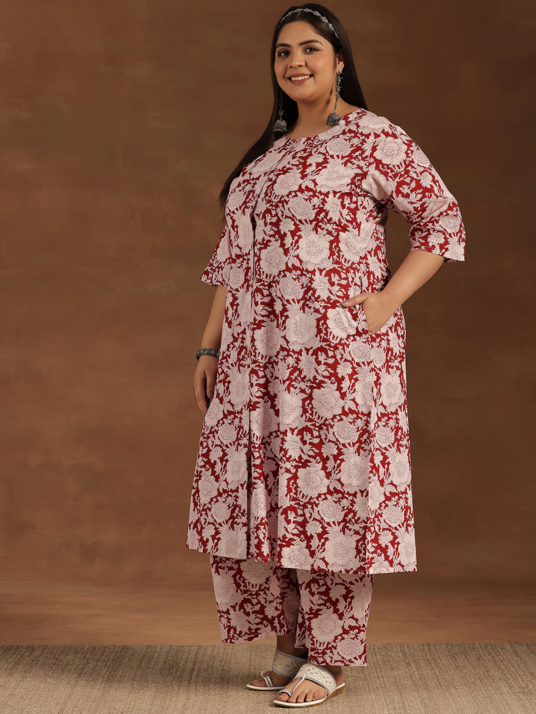 Plus Size Maroon Printed Cotton Co-Ords