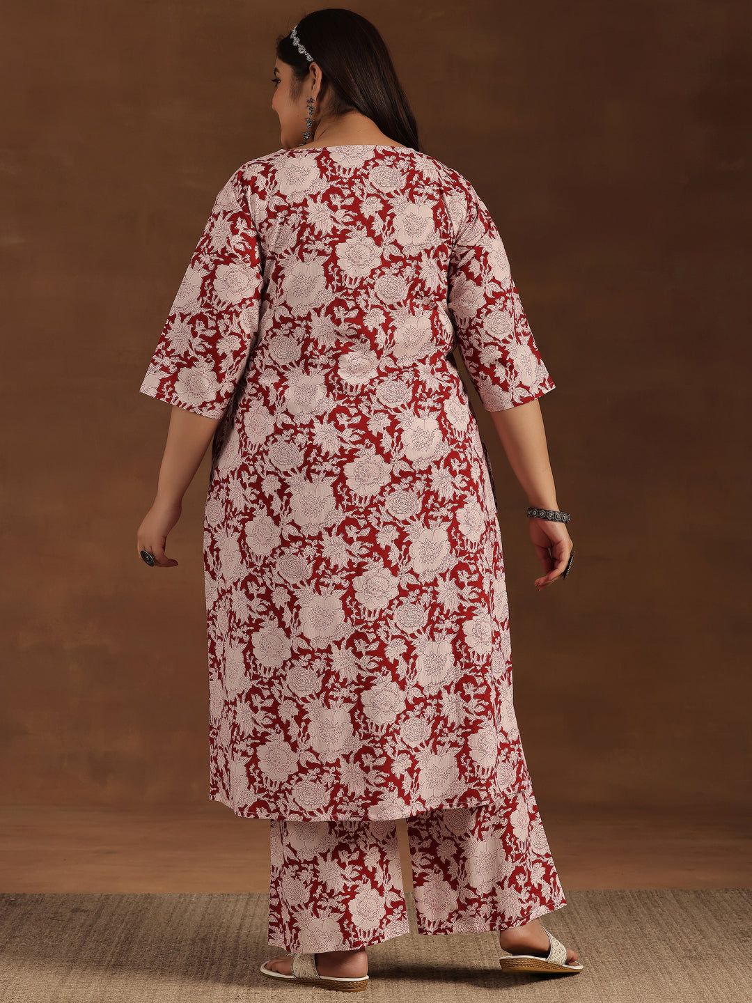 Plus Size Maroon Printed Cotton Co-Ords