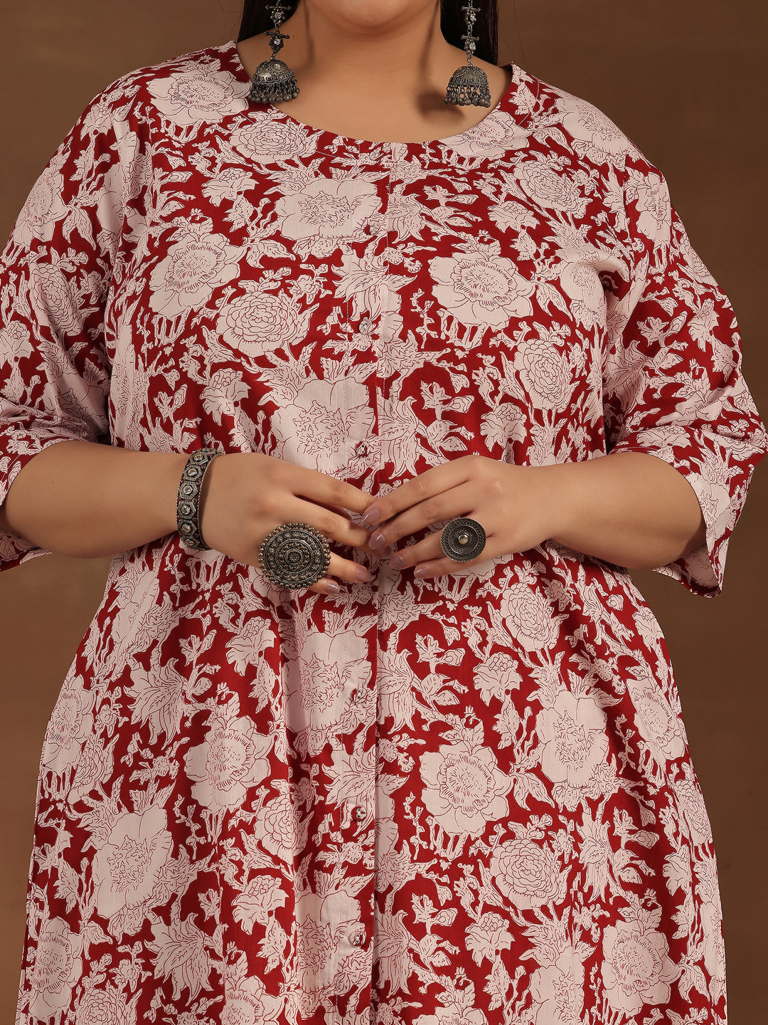 Plus Size Maroon Printed Cotton Co-Ords