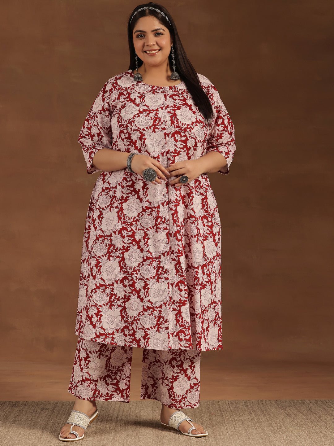 Plus Size Maroon Printed Cotton Co-Ords