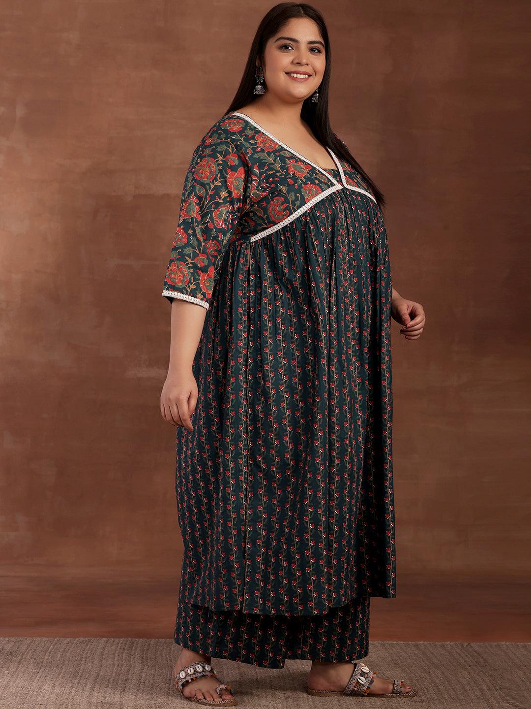 Plus Size Blue Printed Cotton A-Line Kurta With Palazzos