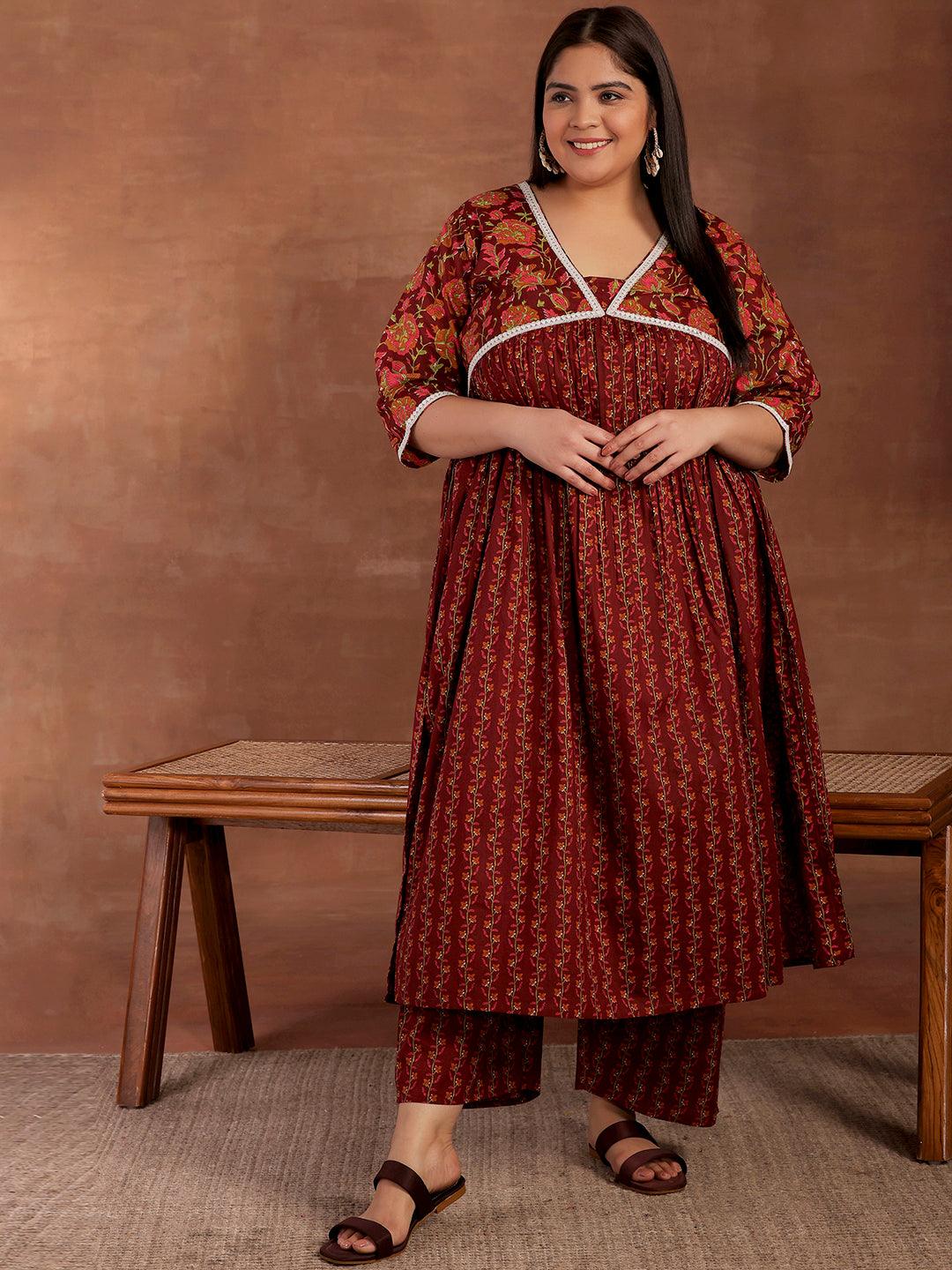 Plus Size Rust Printed Cotton A-Line Kurta With Palazzos