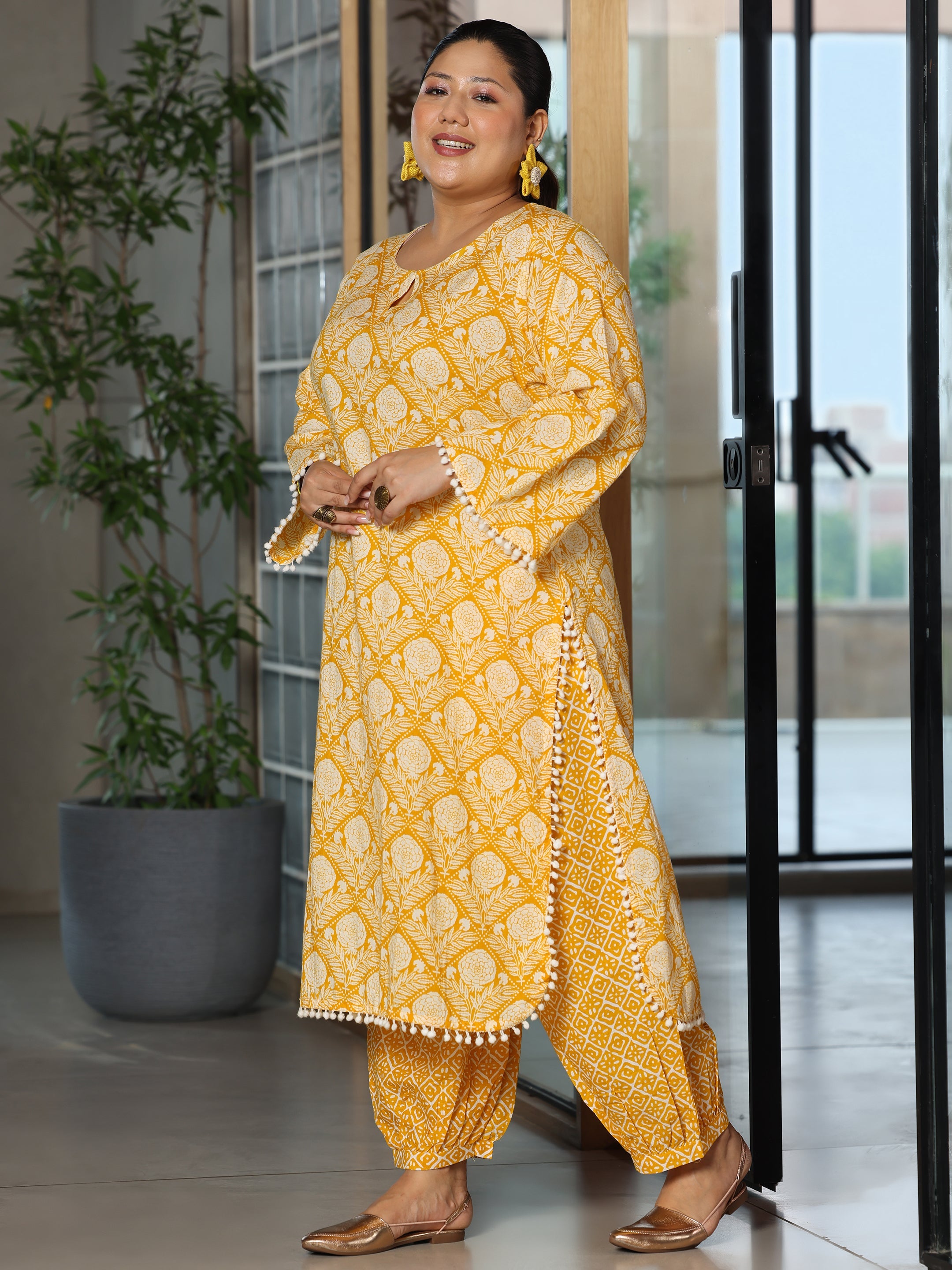 Plus Size Yellow Printed Cotton Straight Kurta Set