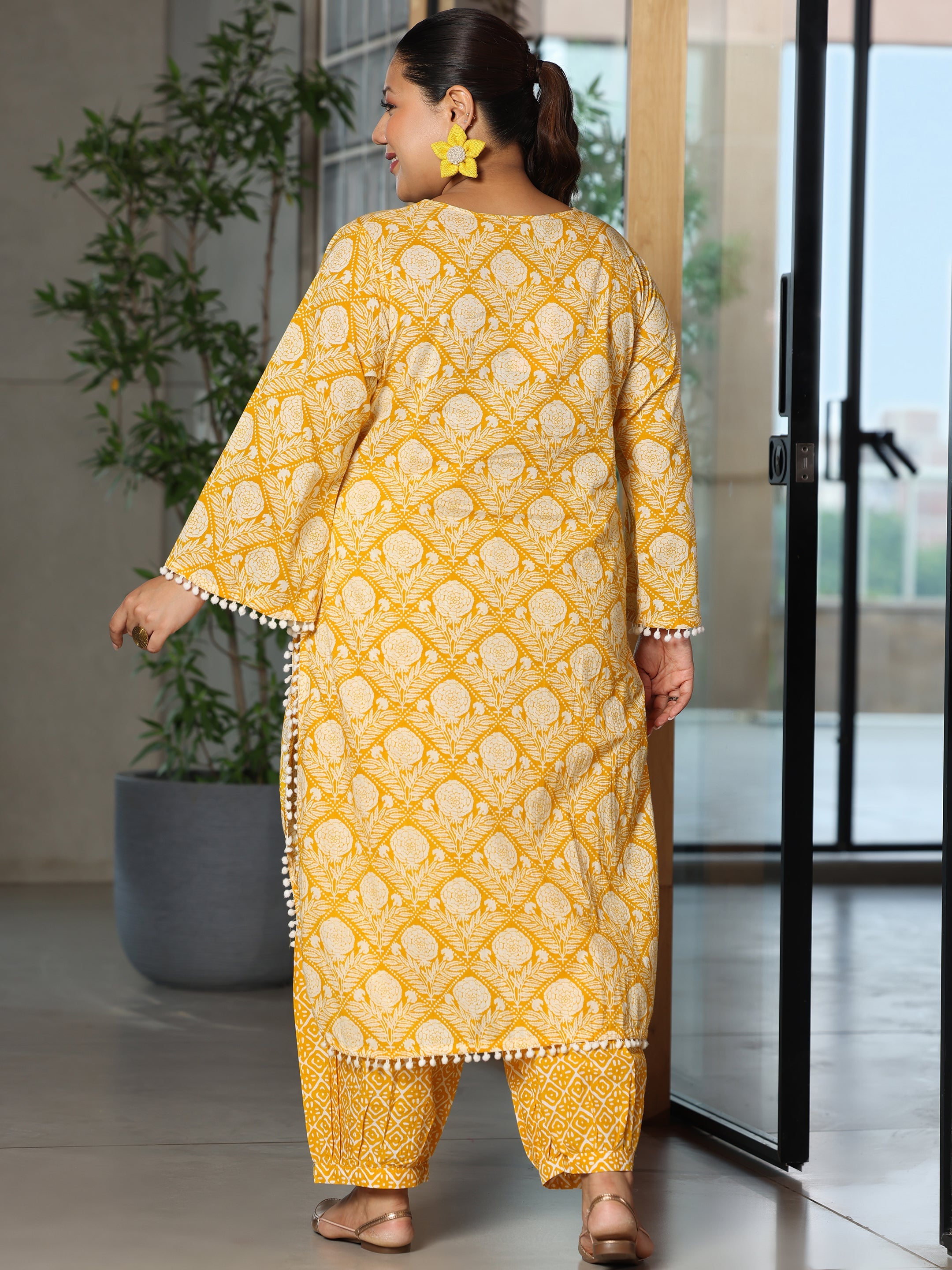 Plus Size Yellow Printed Cotton Straight Kurta Set