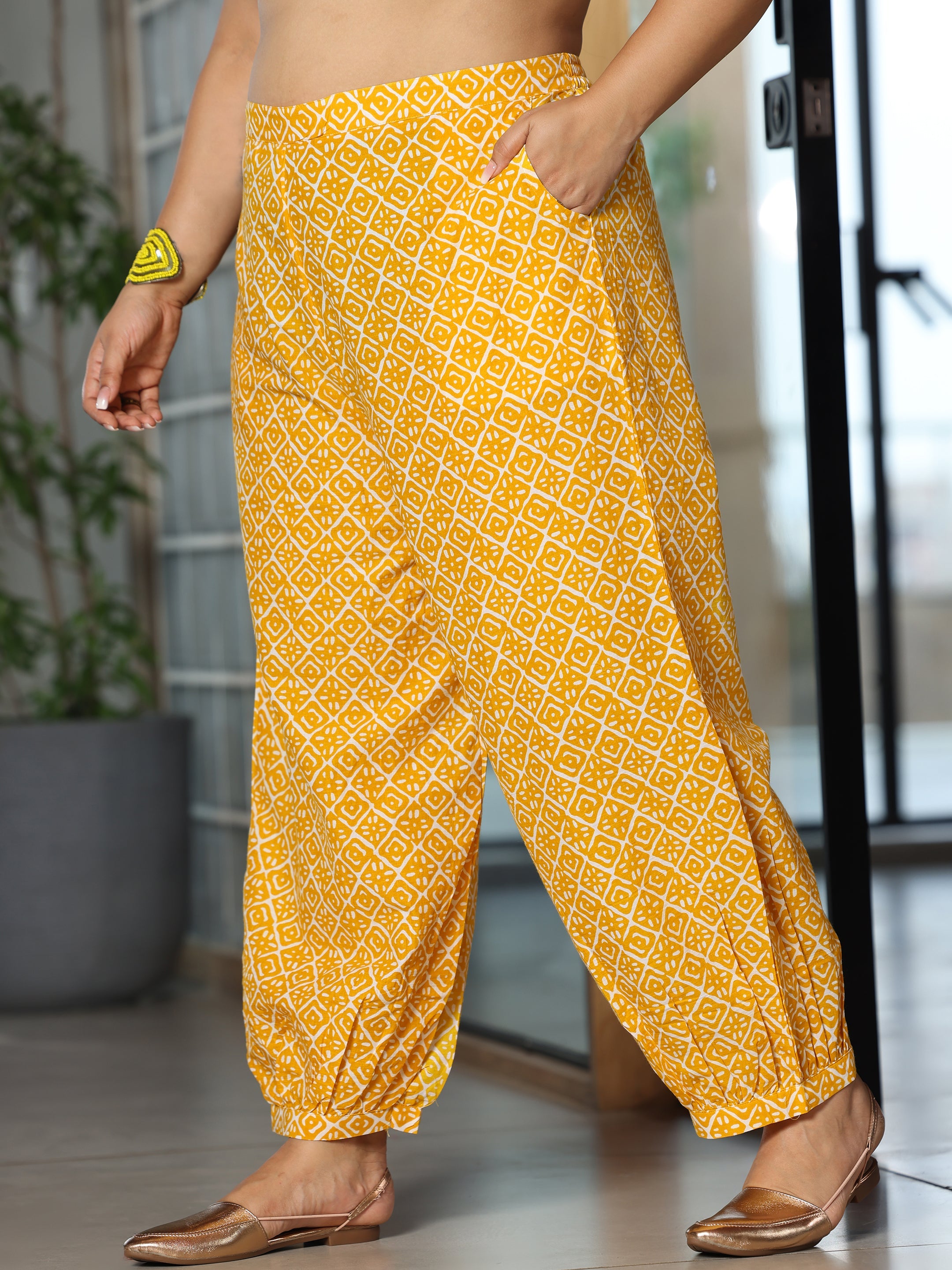 Plus Size Yellow Printed Cotton Straight Kurta Set