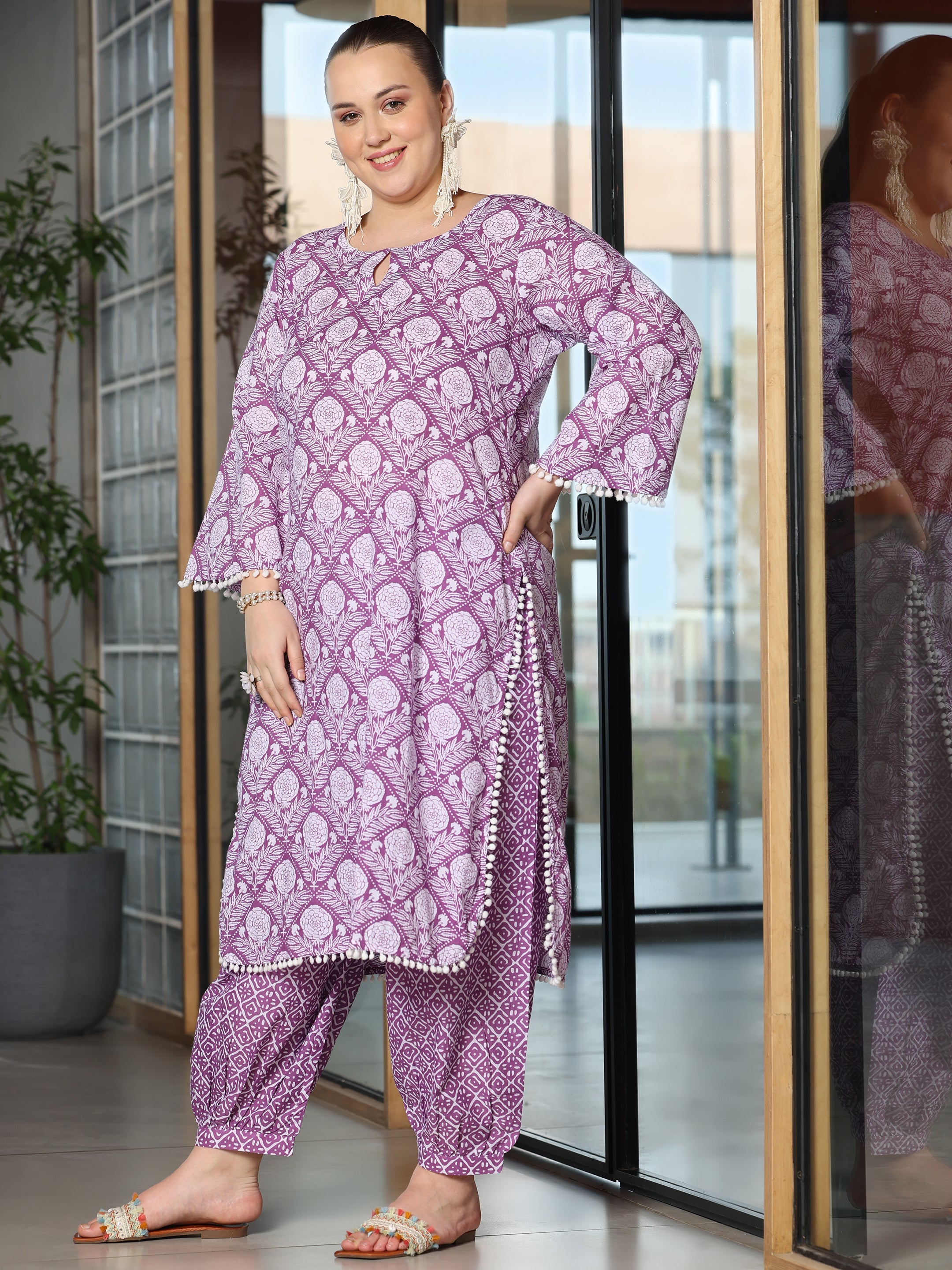 Plus Size Lavender Printed Cotton Straight Kurta Set