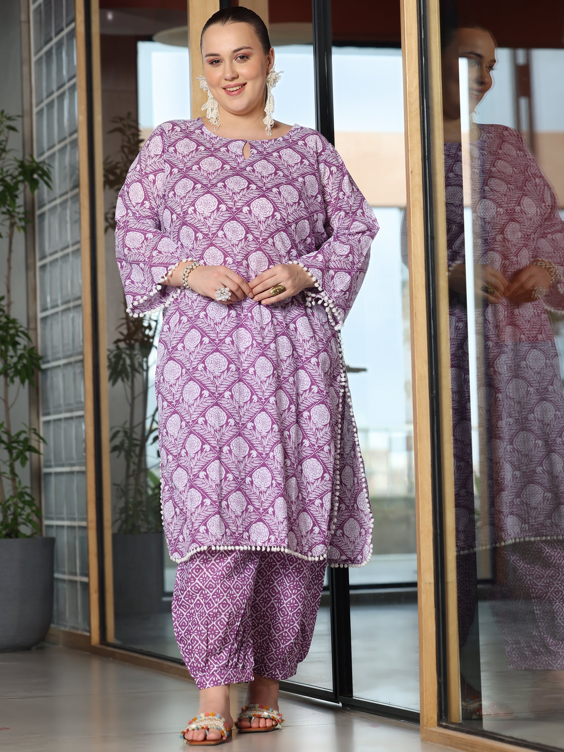 Plus Size Lavender Printed Cotton Straight Kurta Set