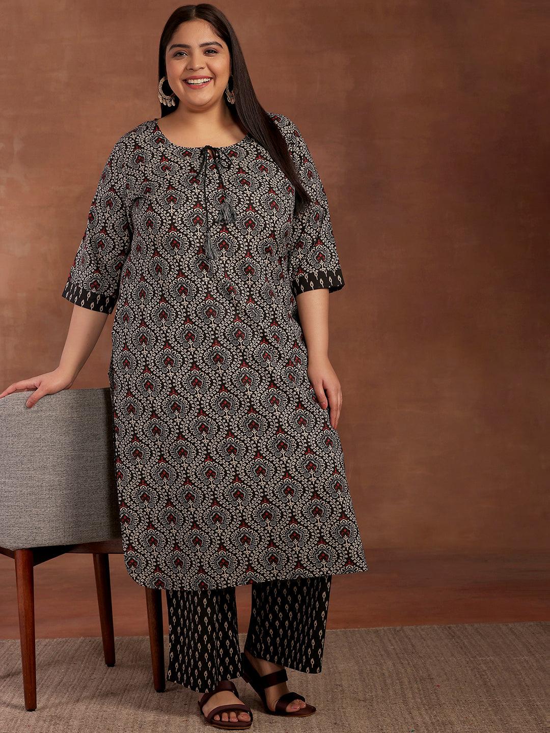 Plus Size Black Printed Cotton Straight Kurta With Palazzos