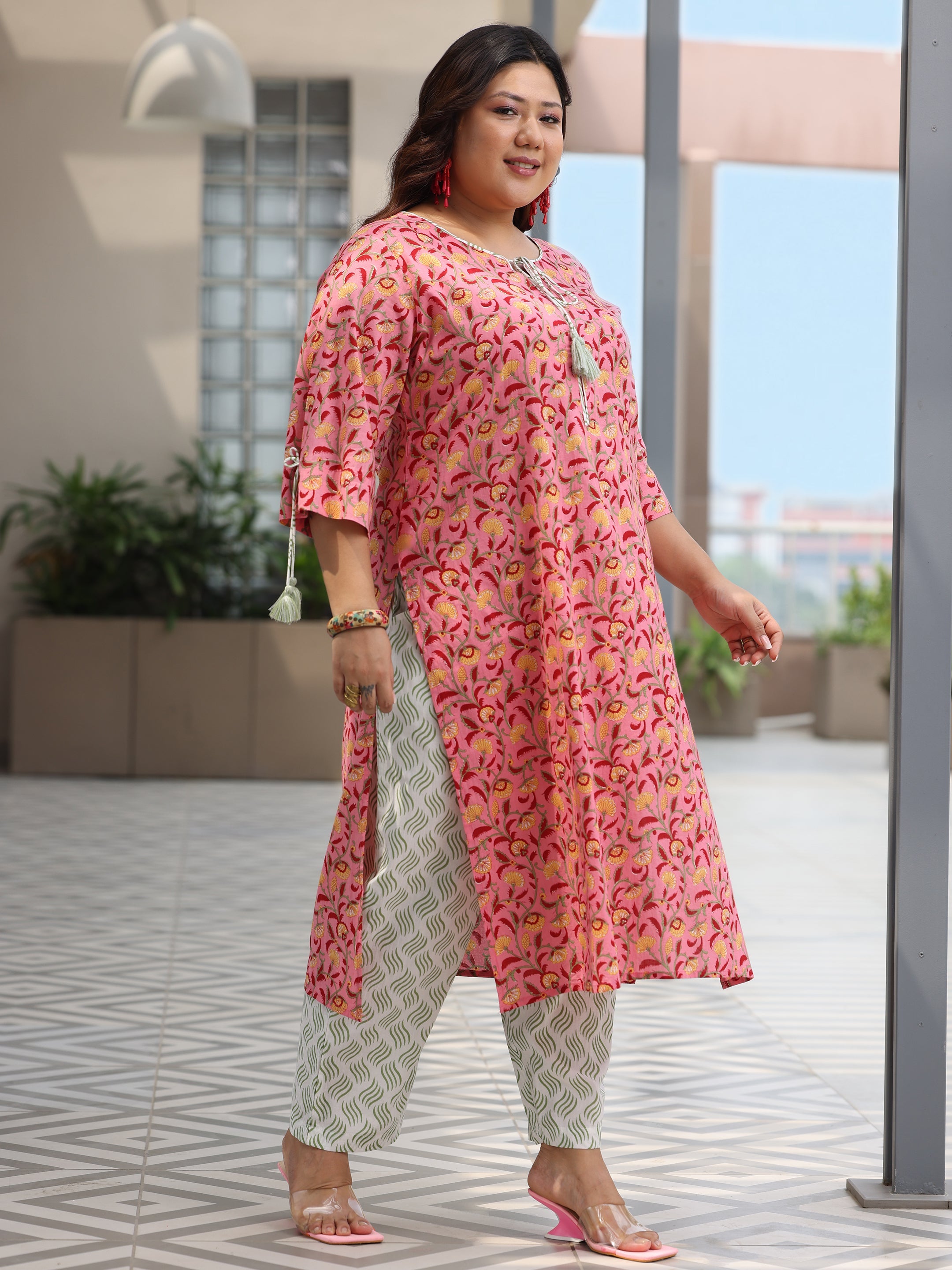 Plus Size Peach Printed Cotton Straight Suit With Dupatta