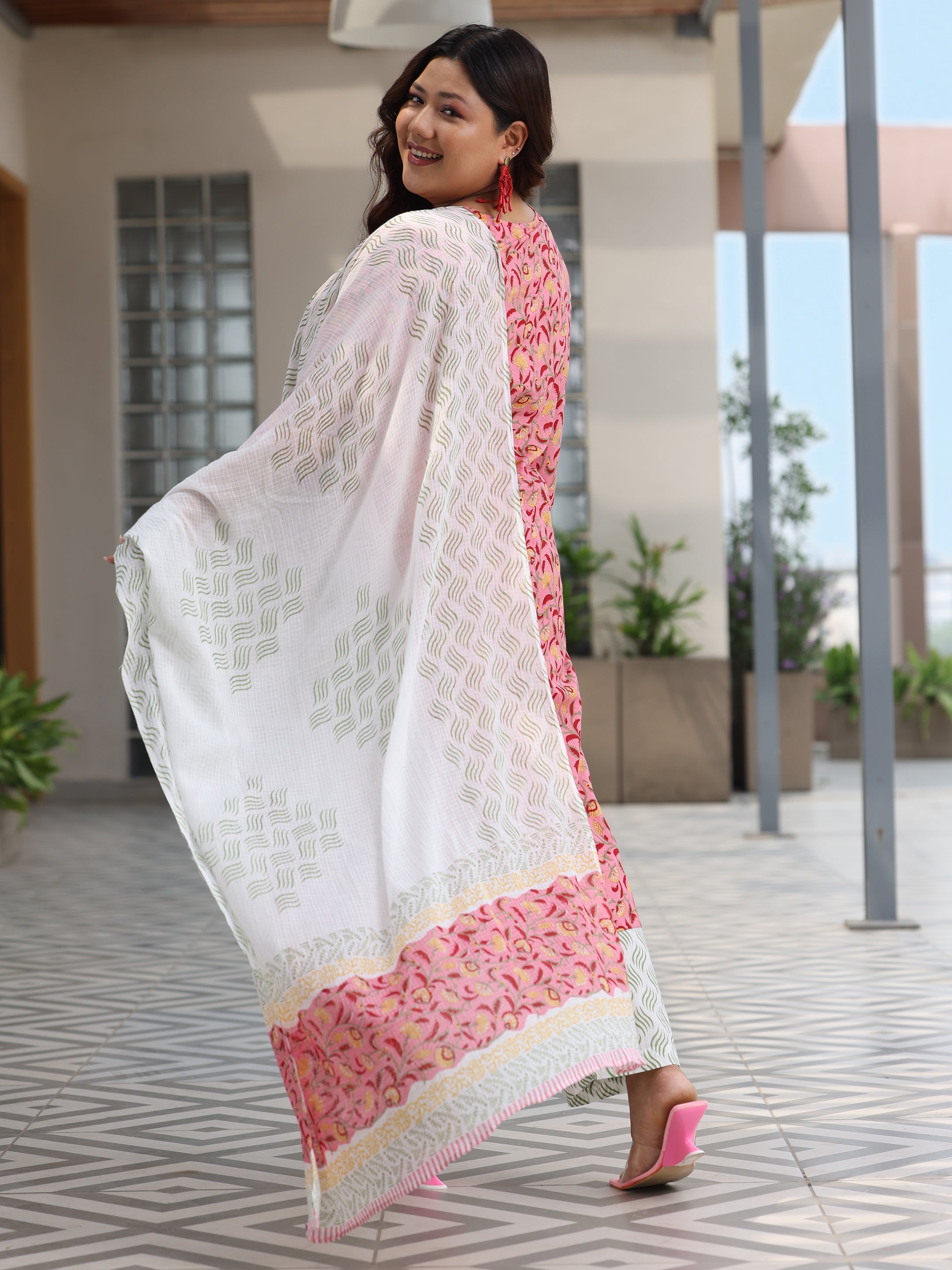 Plus Size Peach Printed Cotton Straight Suit With Dupatta