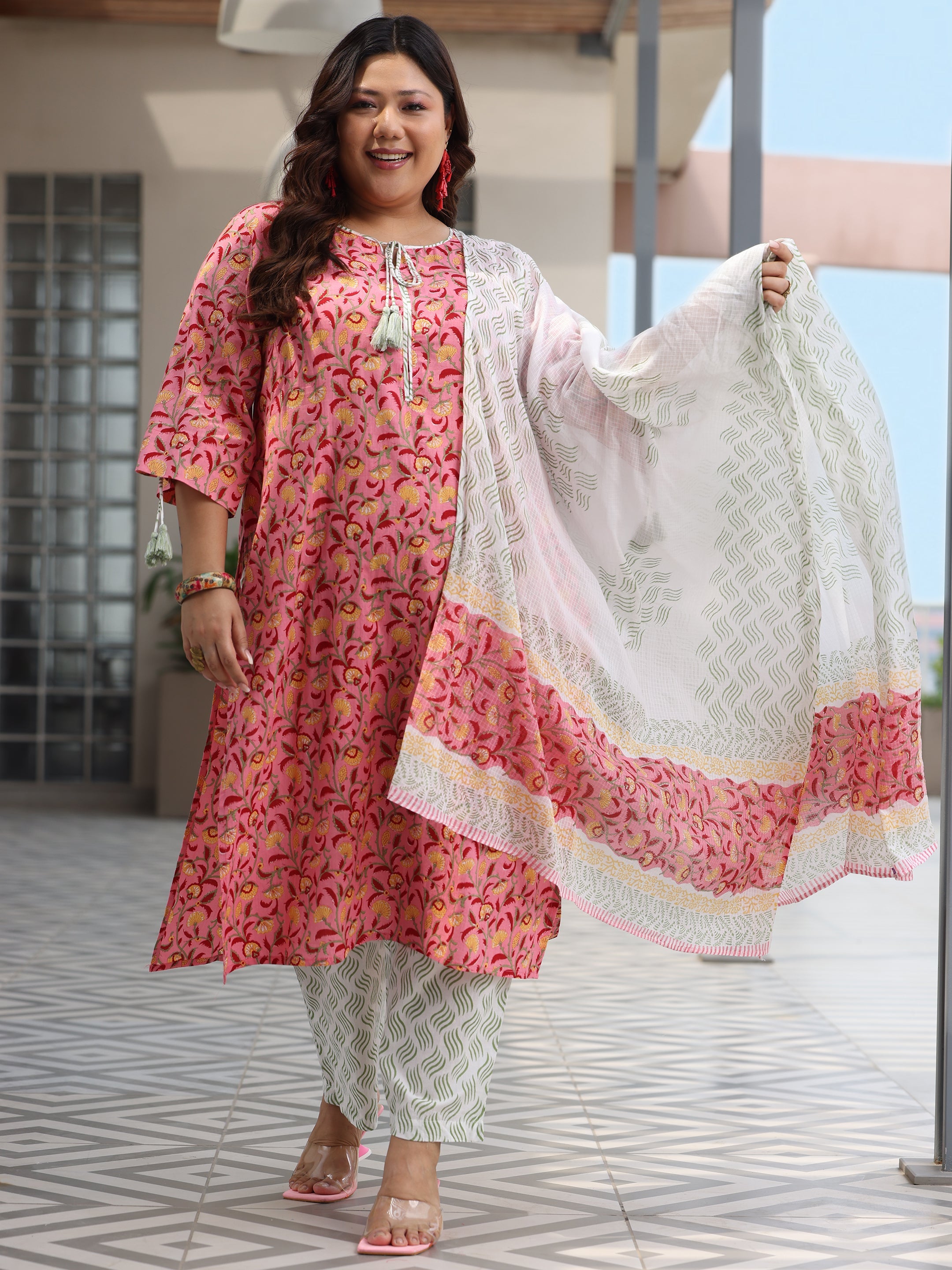 Plus Size Peach Printed Cotton Straight Suit With Dupatta