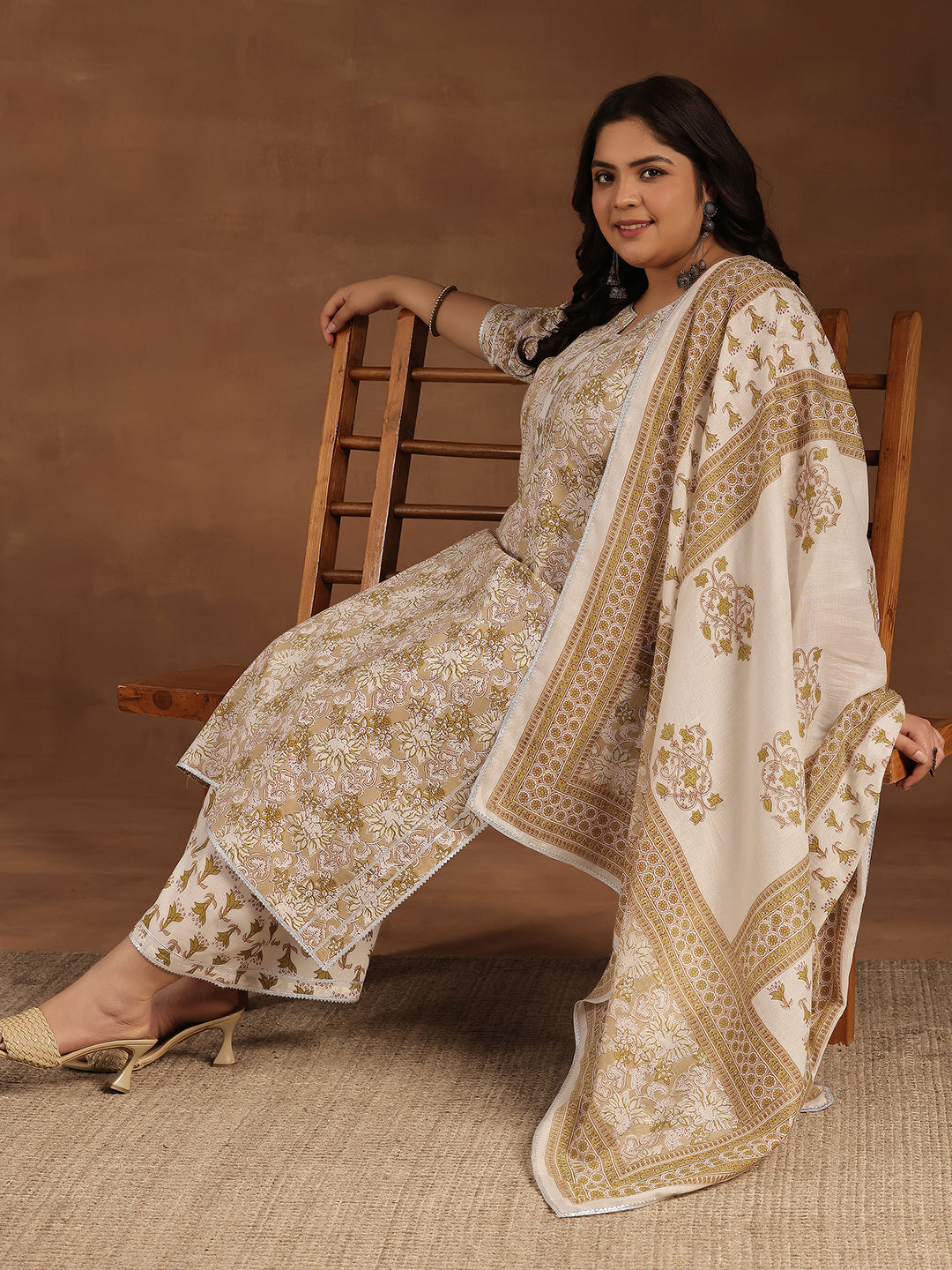 Plus Size Beige Printed Cotton Straight Suit With Dupatta