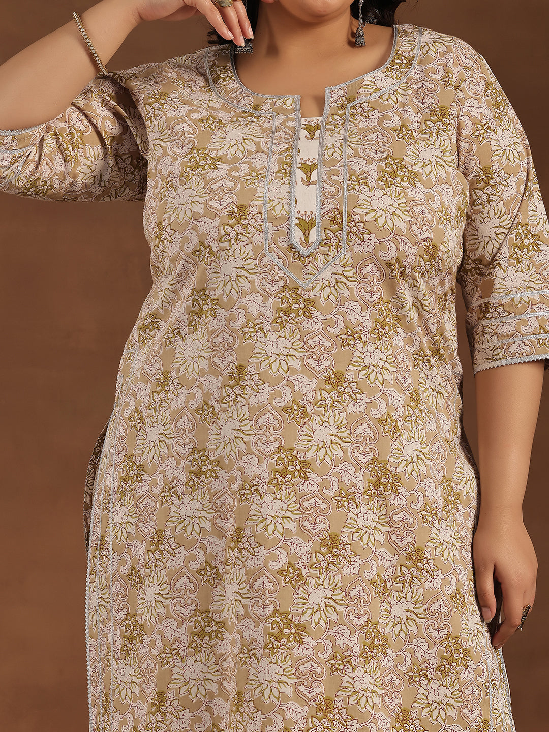 Plus Size Beige Printed Cotton Straight Suit With Dupatta