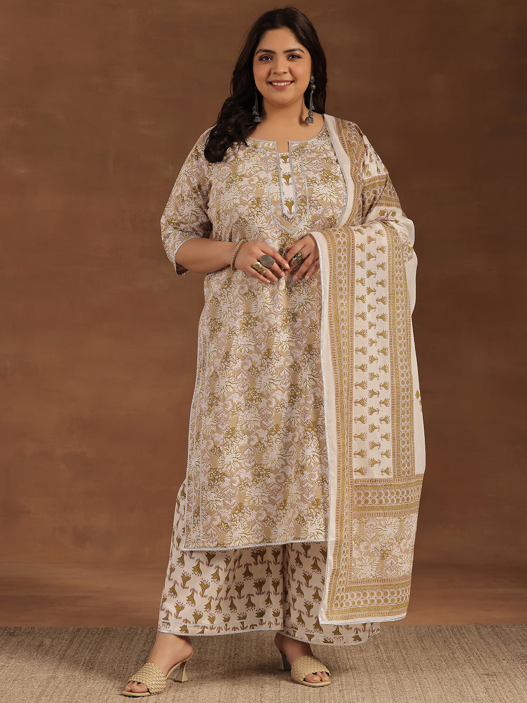 Plus Size Beige Printed Cotton Straight Suit With Dupatta