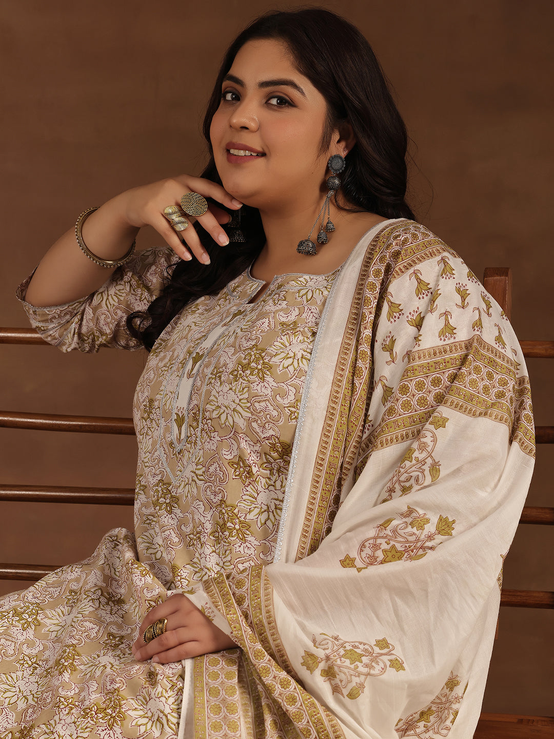 Plus Size Beige Printed Cotton Straight Suit With Dupatta