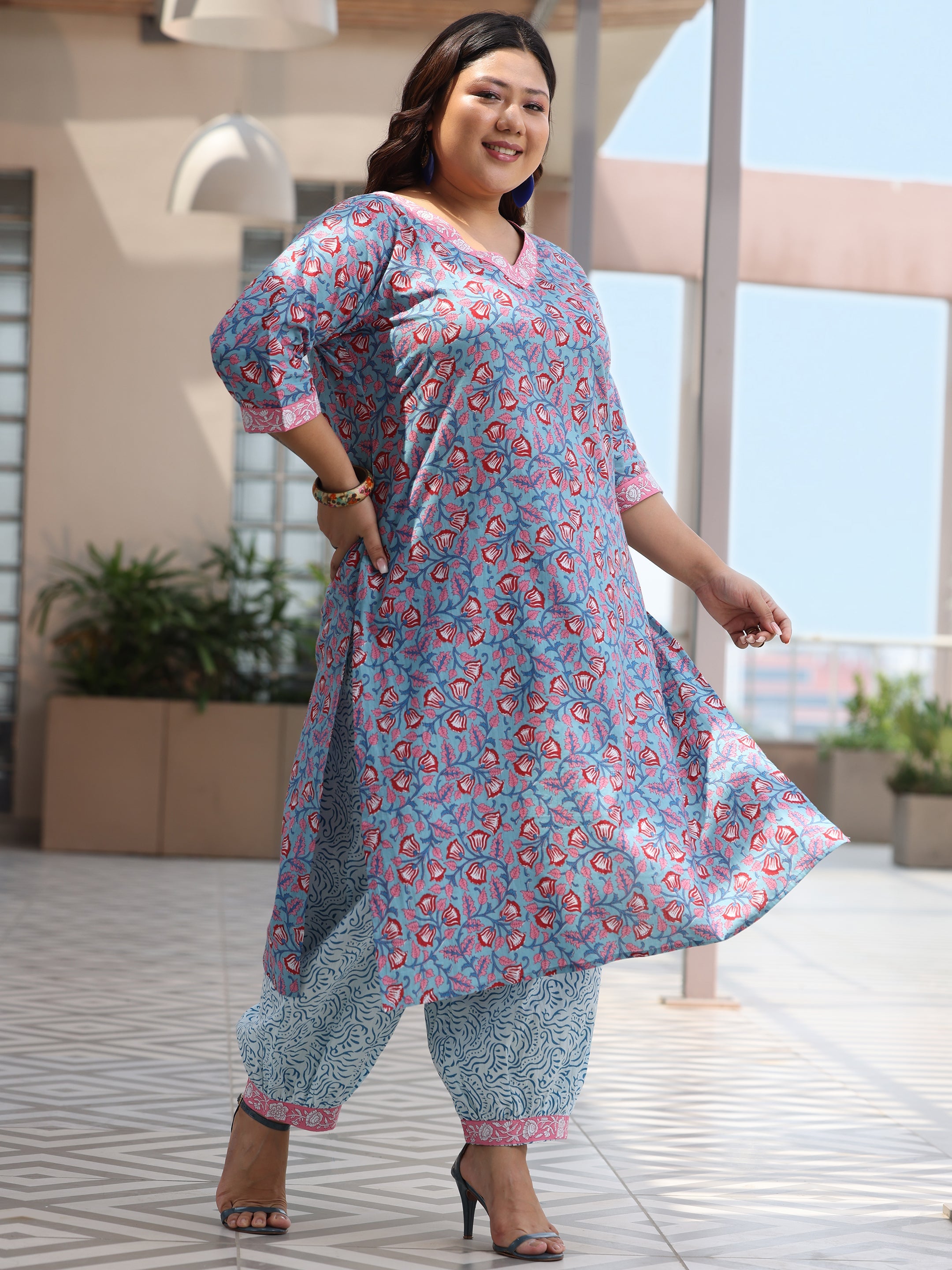 Plus Size Blue Printed Cotton Straight Suit With Dupatta