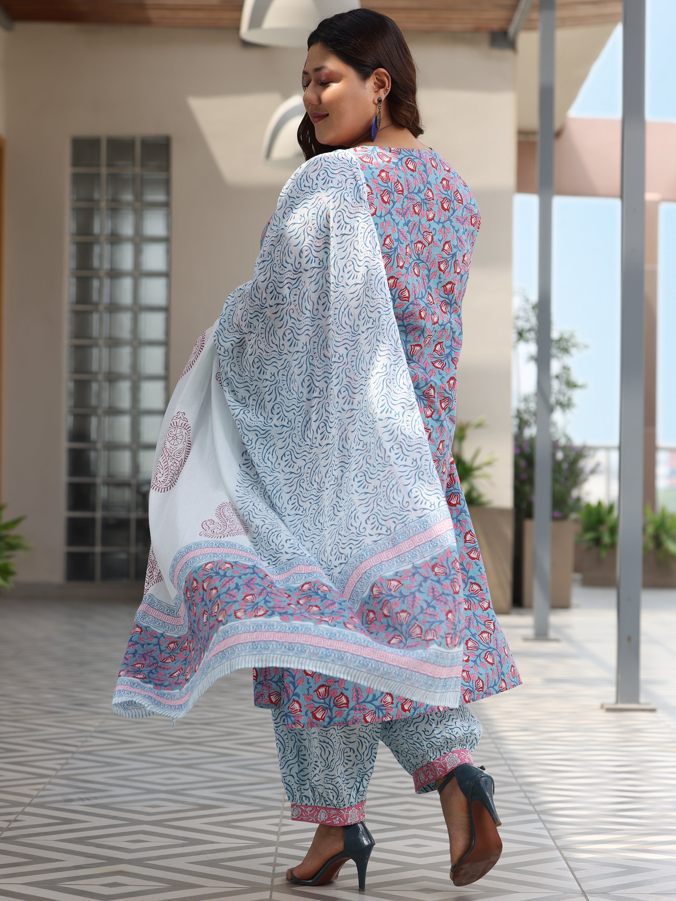 Plus Size Blue Printed Cotton Straight Suit With Dupatta