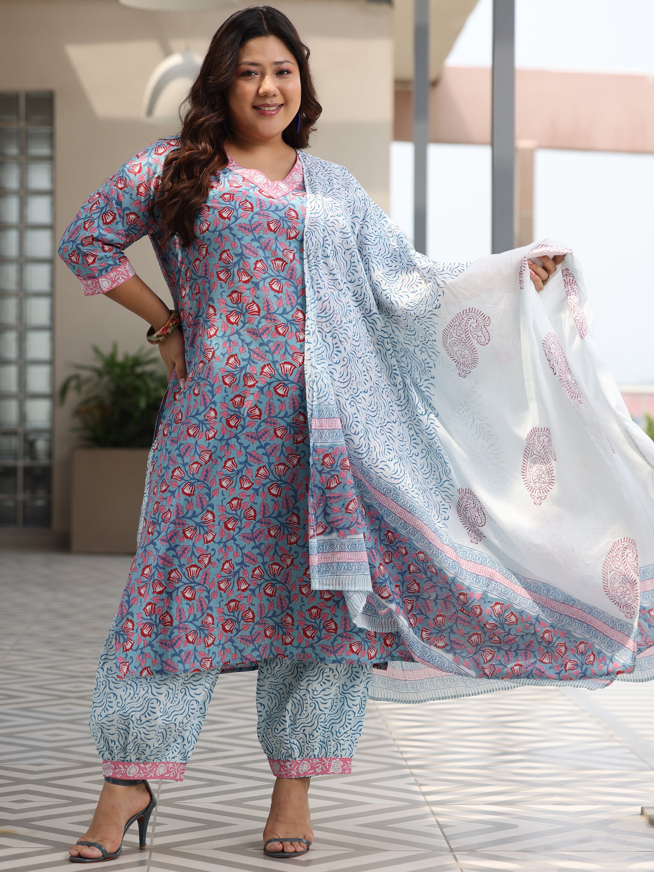 Plus Size Blue Printed Cotton Straight Suit With Dupatta