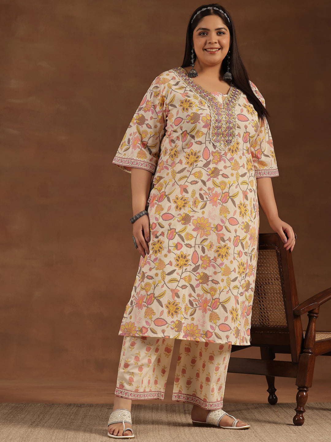 Plus Size Off White Printed Cotton Straight Kurta Set