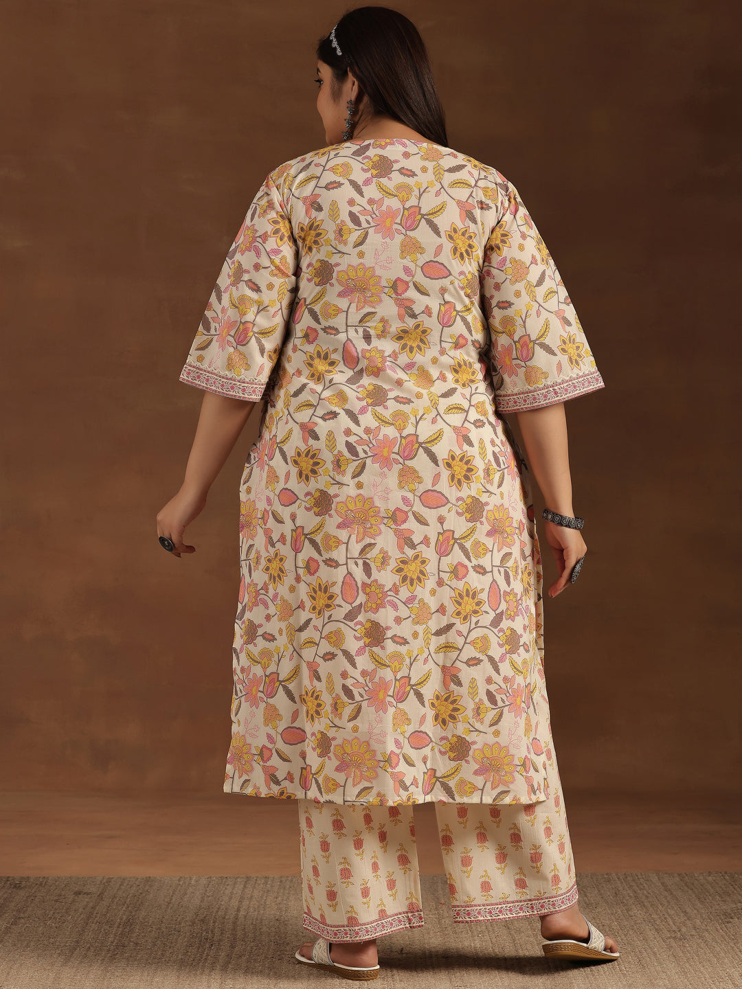 Plus Size Off White Printed Cotton Straight Kurta Set