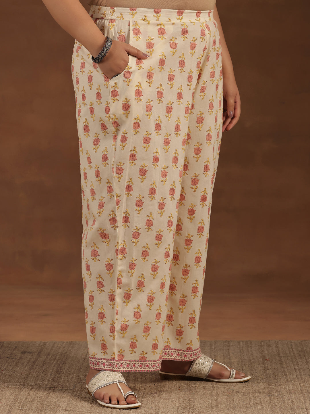 Plus Size Off White Printed Cotton Straight Kurta Set