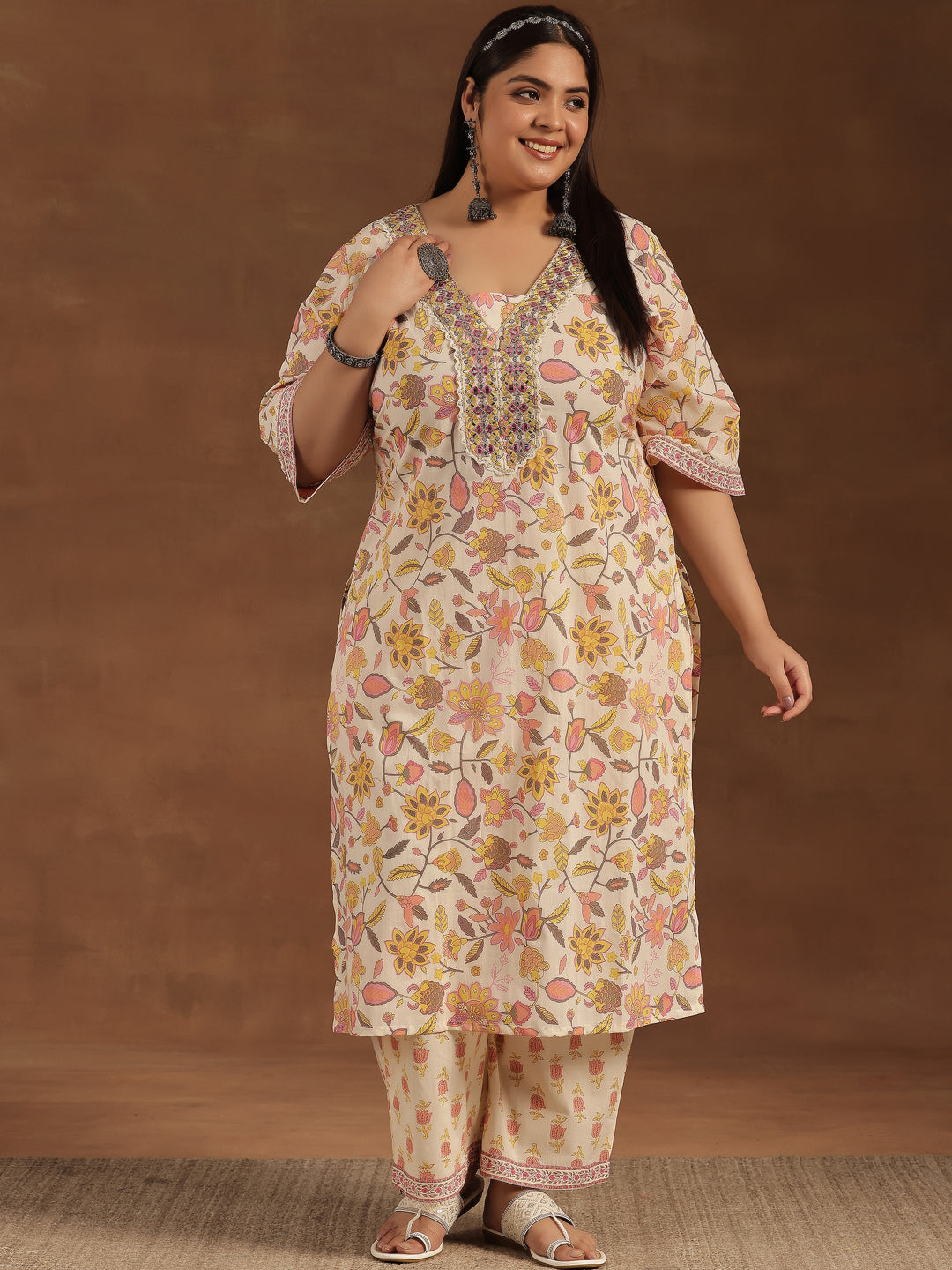 Plus Size Off White Printed Cotton Straight Kurta Set